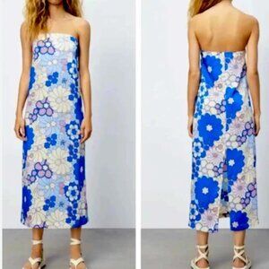 Zara Retro Mod Floral Print Strapless Midi Dress